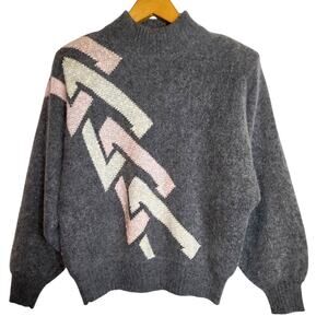 Vintage Richard & Co Angora Lambs Wool Sweater Geometric Design Gray/ Pink M